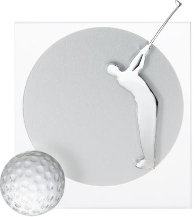 Trophäe, Glasplatte, Alurondo, Golfball und Golferfigur