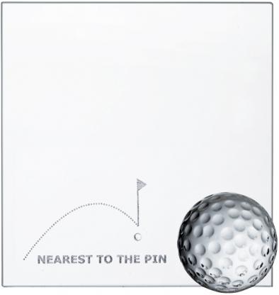 Trophäe, Glasplatte "NEAREST TO THE PIN", Glasgolfball 4,0cm D