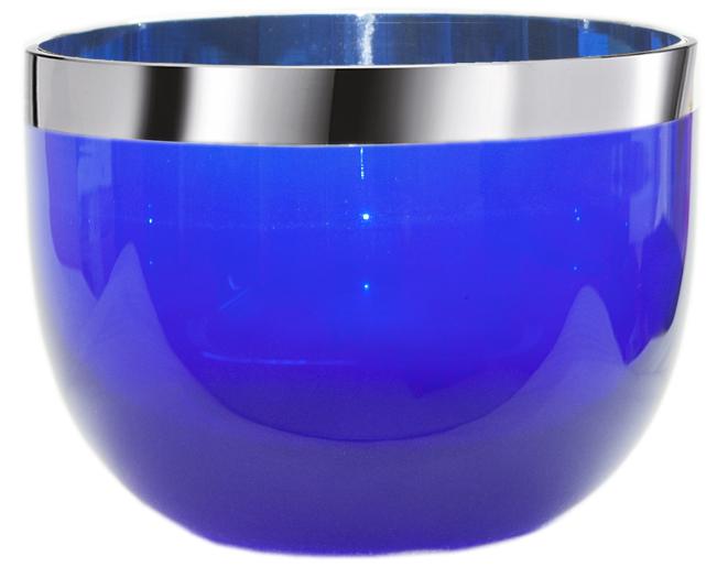 Glasschale, rund, blau eingefärbt, breiter Silberrand