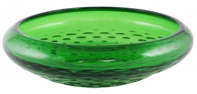 Glasschale, rund, schwer, nach innen gebogener Rand, grün mit Dekorationselementen im Glas