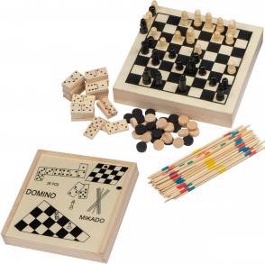 Spieleset in einer Holzbox bestehend aus Schach Mikado, Dame und Domino