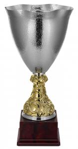 Pokal, Metall silberfarben, strukturierte Oberschale, goldfarbener Keramikfuß, PVC-Sockel (Italien)