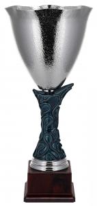 Pokal, Metall silberfarben, strukturierte Oberschale, blaufarbener Keramikfuß, PVC-Sockel (Italien)