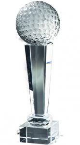 Trophäe, Optiwhiteglas, klar, Glassäule mit Facettenschliff, Glasgolfball 8cm