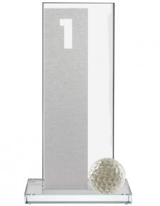 Trophäe, Edelstahlplatte gebürstet mit Zahlenkontur auf schlichter Glastrophäe und Glasgolfball