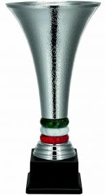 Pokal, Metall silberfarben matt, Reliefstruktur, Trötenform, 3 farbige Steine im Stiel, PVC-Sockel (Italien)