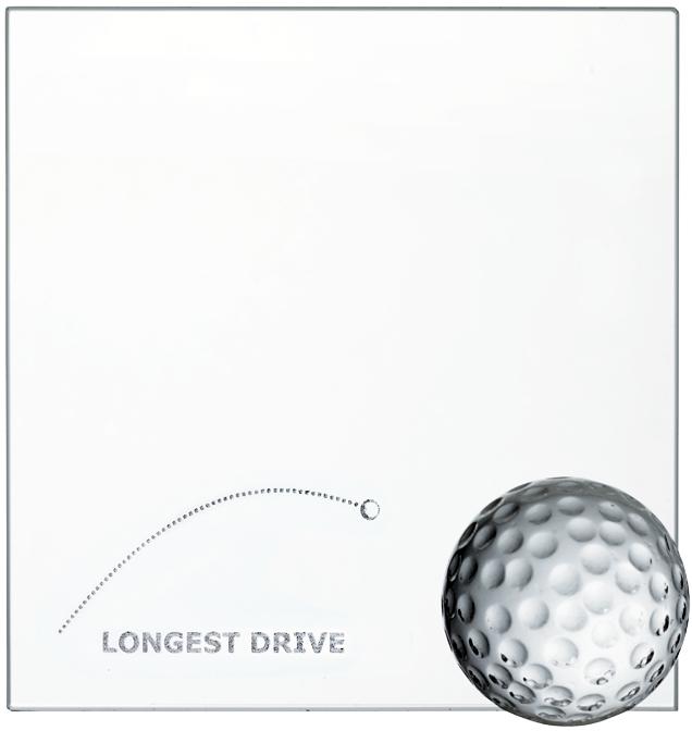 Trophäe, Glasplatte "LONGEST DRIVE", Glasgolfball 4,0cm D