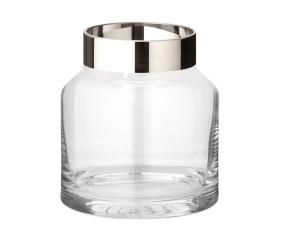 Vase, gerade, klares Glas, oben verjüngt mit aufgedampften Platinrand (Handarbeit)