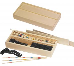 Spieleset in einer Holzbox bestehend aus Mikado und Domino