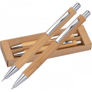 Schreib Set aus Kugelschreiber und Druckbleistift aus Bambus mit silbernen Applikationen