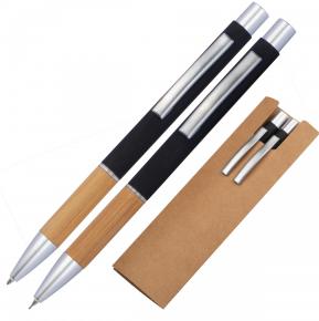 Schreib Set aus Kugelschreiber und  Druckbleistift mit Bambusgriffzone