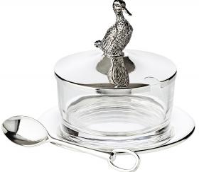 Glasdose, rund, mit Ente auf Metalldeckel, inkl. versilbertem Löffel und Untersetzer