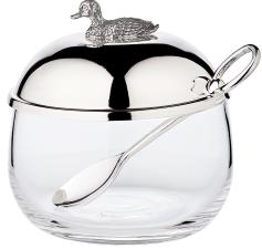 Glasdose, rund, mit Ente auf Metalldeckel, inkl. versilbertem Löffel