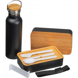 Thermotrinkflassche, Edelstahl, schwarz, doppelwandig, 500ml, Tragegriff, Brotzeitbox aus Kunststoff