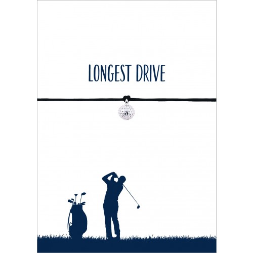 Armband mit kleinem, silberfarbenem Golfball auf Din A6 Karte und Text "Longest Drive"