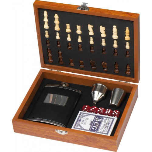 Flachmann, Edelstahl, 2 Pinchen und 1 Trichter, 1 Kartenspiel, Schachfiguren, in Spiele-Holzbox
