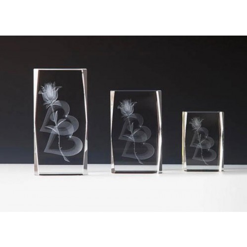 Glasblock, 2 Herzen mit Rose, Facettenschliff, schwebende 3D-Lasergravur