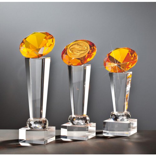 Glasdiamant, amber, Diamant 8cm D auf Glassäule, Optiwhiteglas