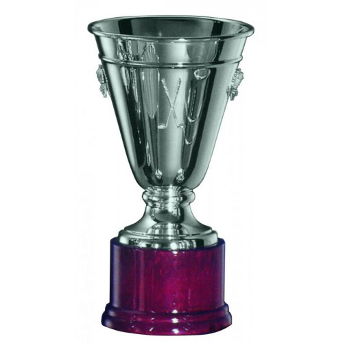 Pokal, 800 Silber, Golfballschlägeremblemkonisch, Rundholzsockel (Italien)