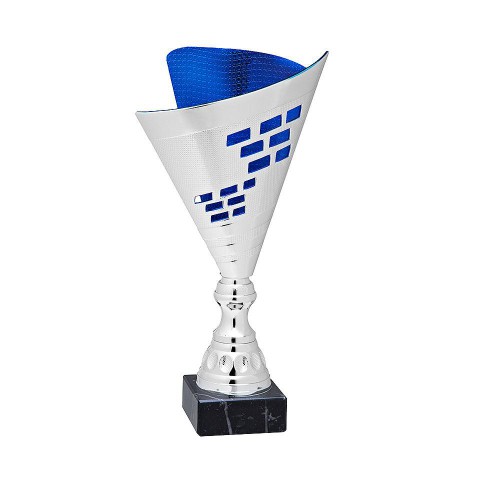 Pokal, Metall lackiert, blau-silberfarben, Marmorsockel