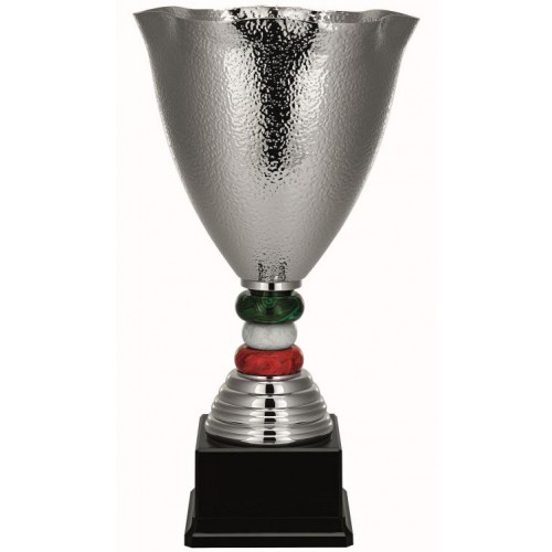 Pokal, Metall silberfarben matt, Reliefstruktur, Tulpenform, 3 farbige Steine im Stiel, PVC-Sockel (Italien)