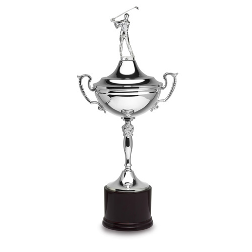 Pokal Ryder-Cup, versilbert, auf Holz-Rundsockel