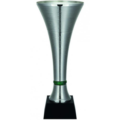 Pokal, versilbert, matt mit Struktur, Trötenform, 1 farbiger Stein im Stiel, Holz-Sockel (Italien)