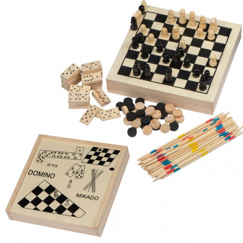 Spieleset in einer Holzbox bestehend aus Schach Mikado, Dame und Domino