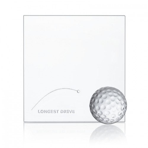 Trophäe, Glasplatte "LONGEST DRIVE", Glasgolfball 4,0cm D