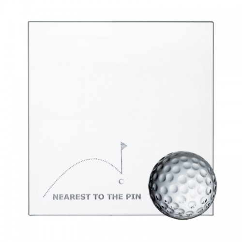 Trophäe, Glasplatte "NEAREST TO THE PIN", Glasgolfball 4,0cm D