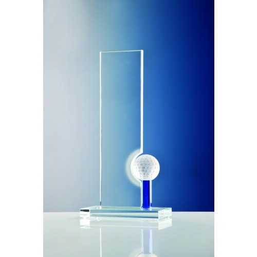 Trophäe, Optiwhiteglas, Glasgolfball auf blauem Glasstab